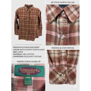 Vintage Flyshacker Flannel Shirt Mens Large Rust Earth Tone Plaid 100% Cotton